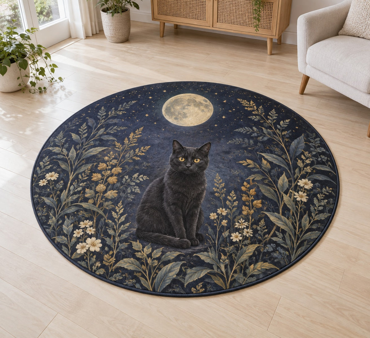 Black Cat Companion Area Rug with dimensional printed themed artwork; representative AI-generated mockup.