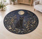Black Cat Companion Area Rug with dimensional printed themed artwork; representative AI-generated mockup.
