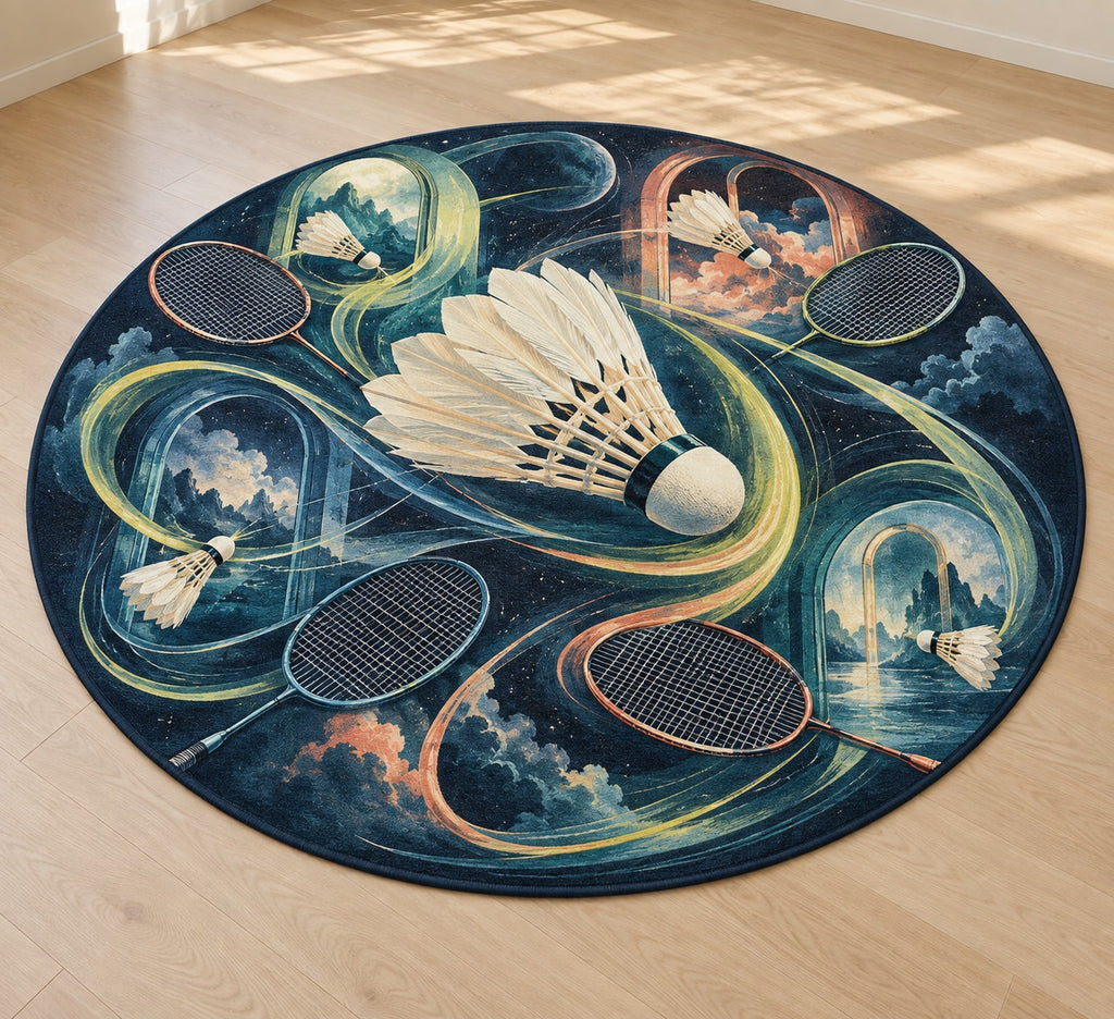 Featherflight Club Atlas Area Rug with dimensional printed themed artwork; representative AI-generated mockup.