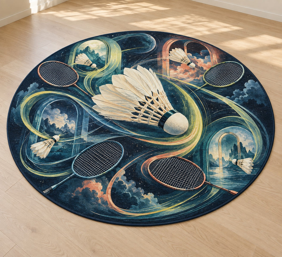 Featherflight Club Atlas Area Rug with dimensional printed themed artwork; representative AI-generated mockup.