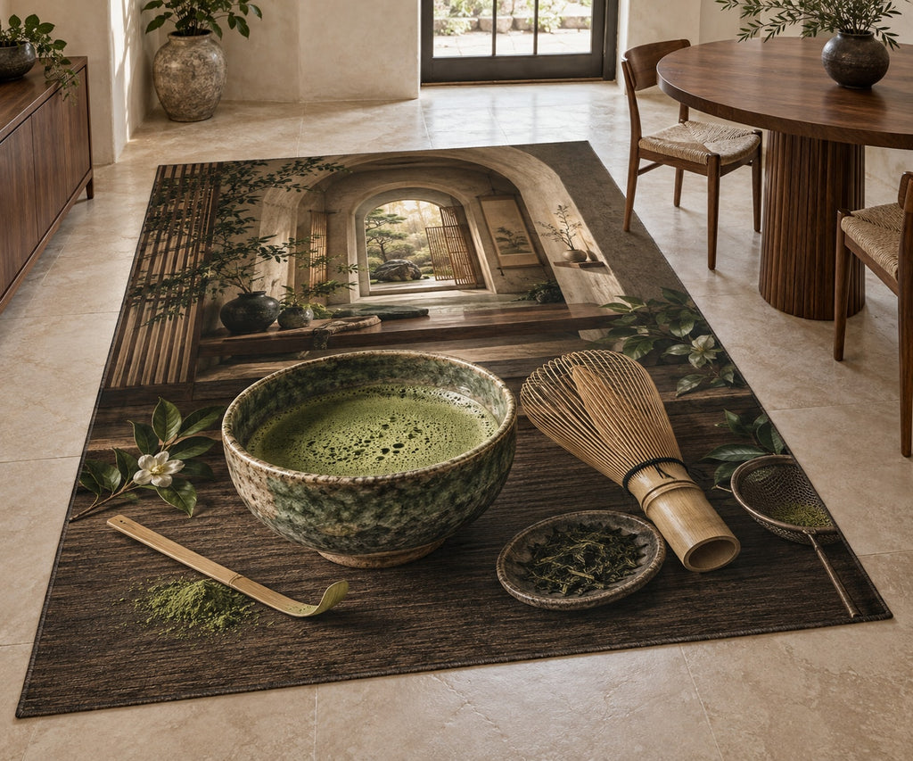 Matcha Ritual Area Rug with dimensional printed themed artwork; representative AI-generated mockup.