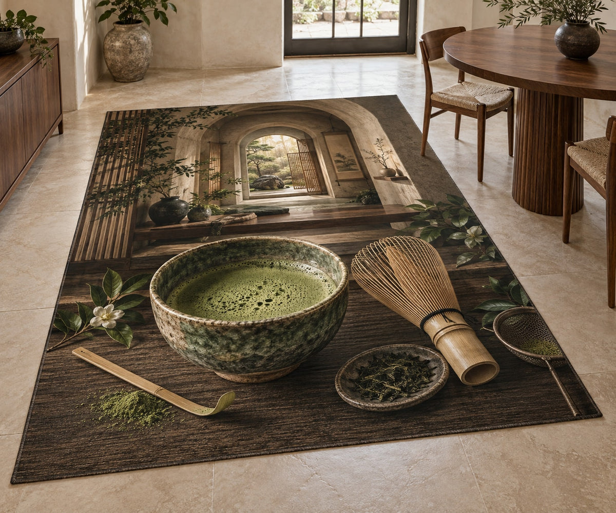 Matcha Ritual Area Rug with dimensional printed themed artwork; representative AI-generated mockup.