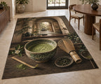 Matcha Ritual Area Rug with dimensional printed themed artwork; representative AI-generated mockup.