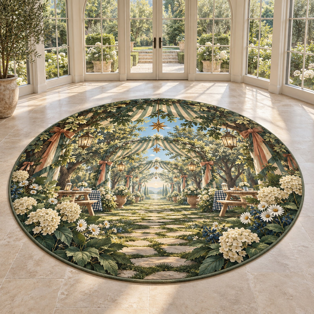 Reunion Picnic Grove Area Rug with dimensional printed themed artwork; representative AI-generated mockup.