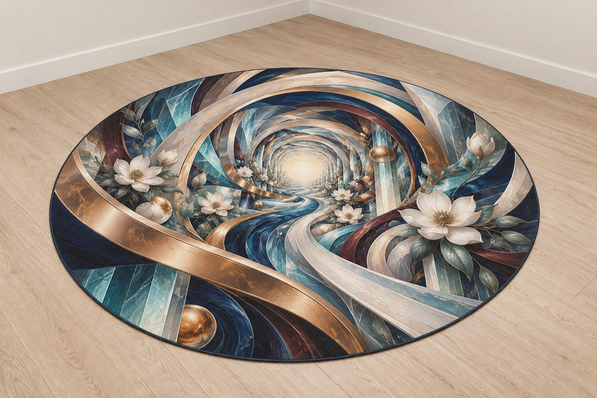 Luminous Circuit Sanctuary Area Rug with dimensional printed themed artwork; representative AI-generated mockup.