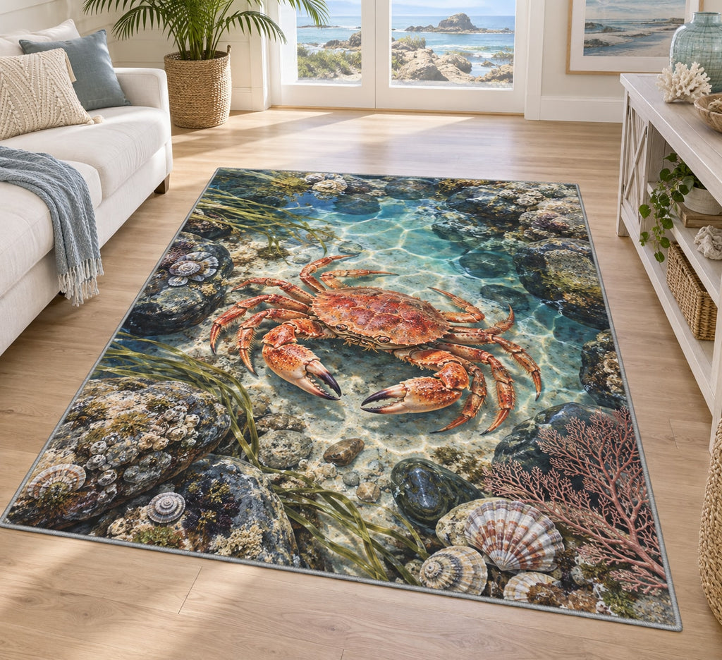 Crab Tidal Pool Area Rug with dimensional printed themed artwork; representative AI-generated mockup.