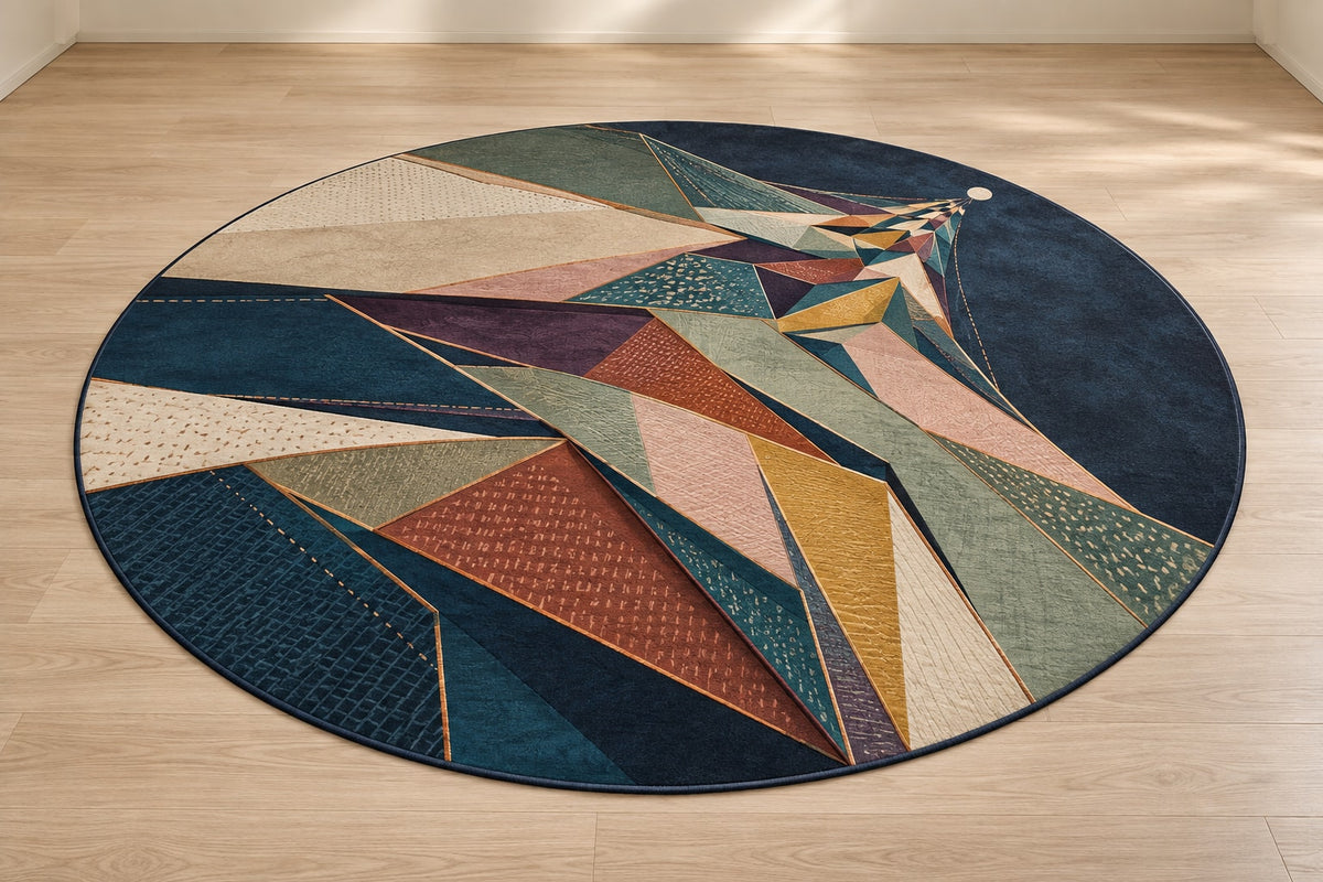 Selvedge Prismfall Area Rug with dimensional printed themed artwork; representative AI-generated mockup.