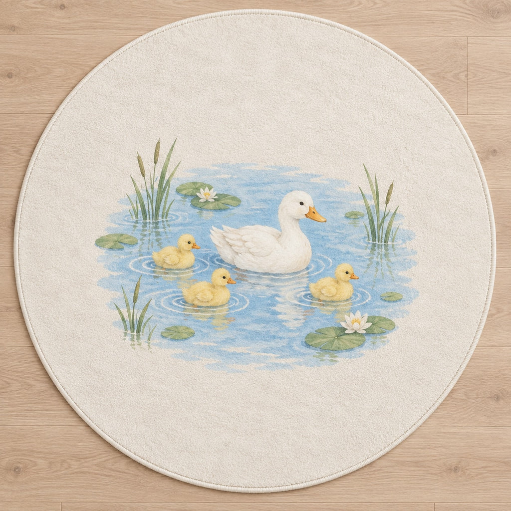 Duck Pond Friends Area Rug with dimensional printed themed artwork; representative AI-generated mockup.