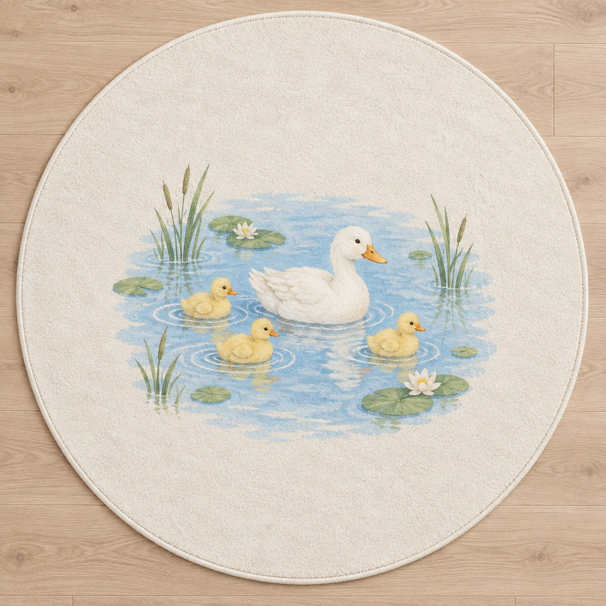 Duck Pond Friends Area Rug with dimensional printed themed artwork; representative AI-generated mockup.