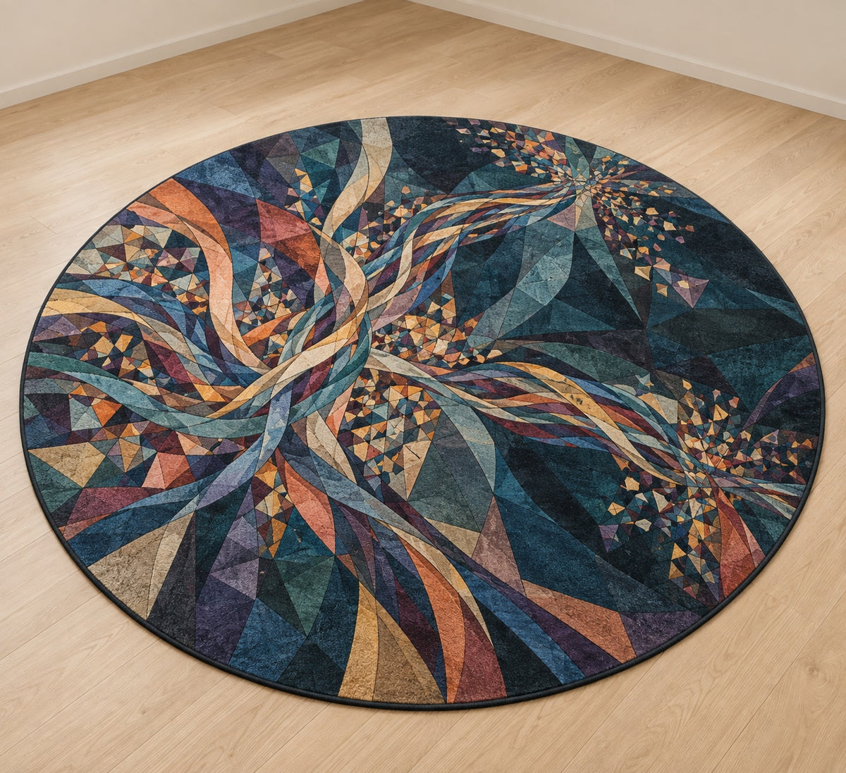 Strategy Mosaic Relay Area Rug with dimensional printed themed artwork; representative AI-generated mockup.