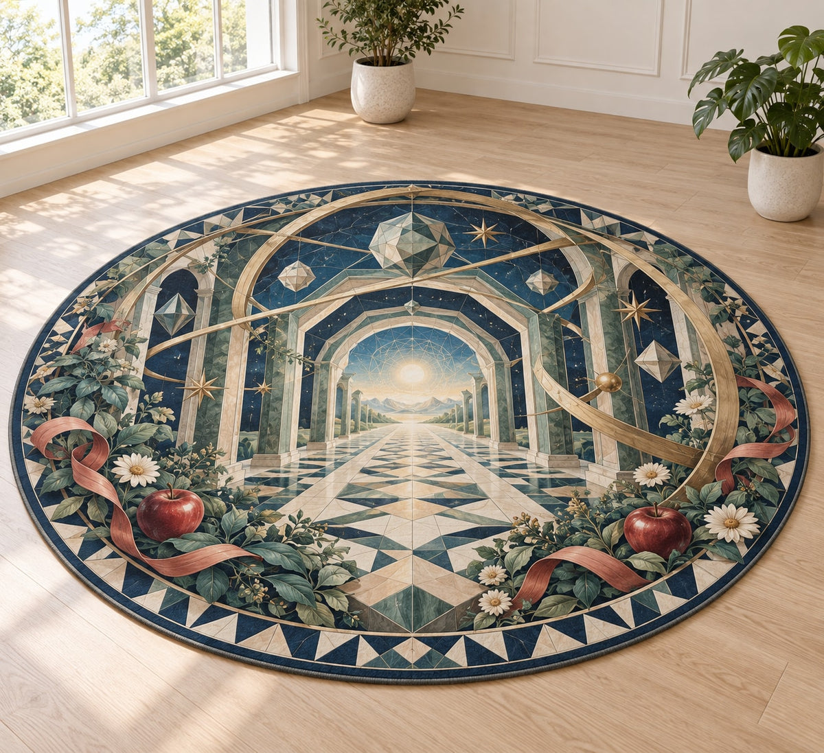 Geometric Wonder Observatory Area Rug with dimensional printed themed artwork; representative AI-generated mockup.