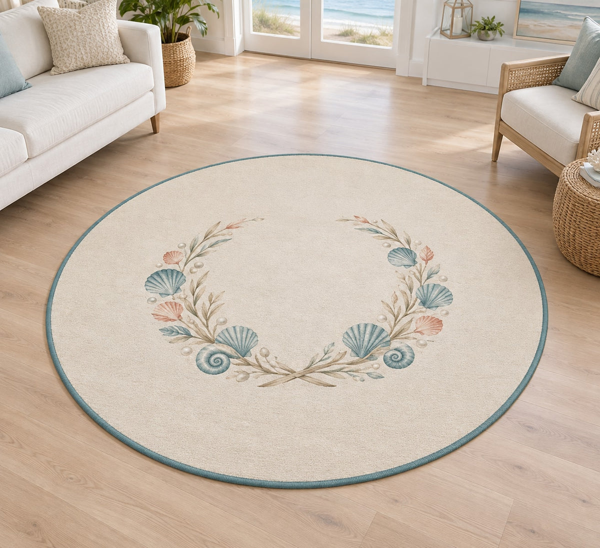 Coastal Shell Wedding Area Rug with dimensional printed themed artwork; representative AI-generated mockup.
