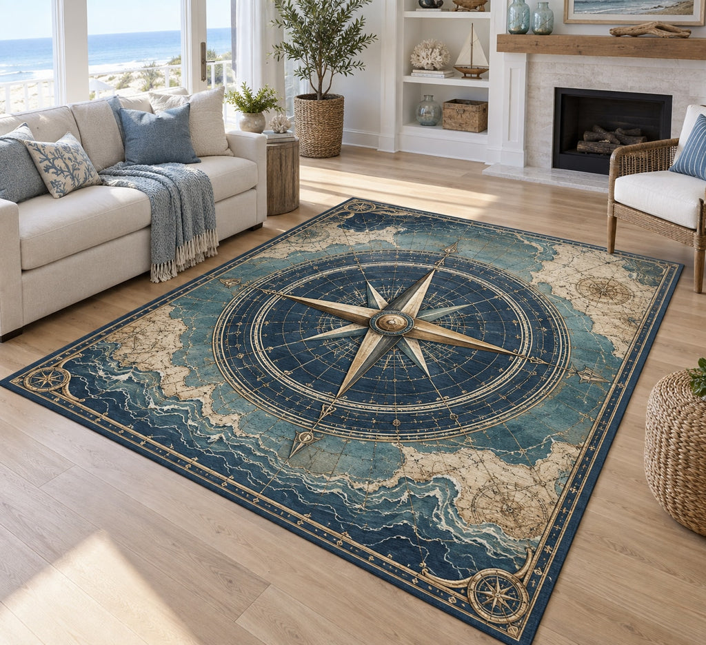 Nautical Compass Area Rug with dimensional printed themed artwork; representative AI-generated mockup.