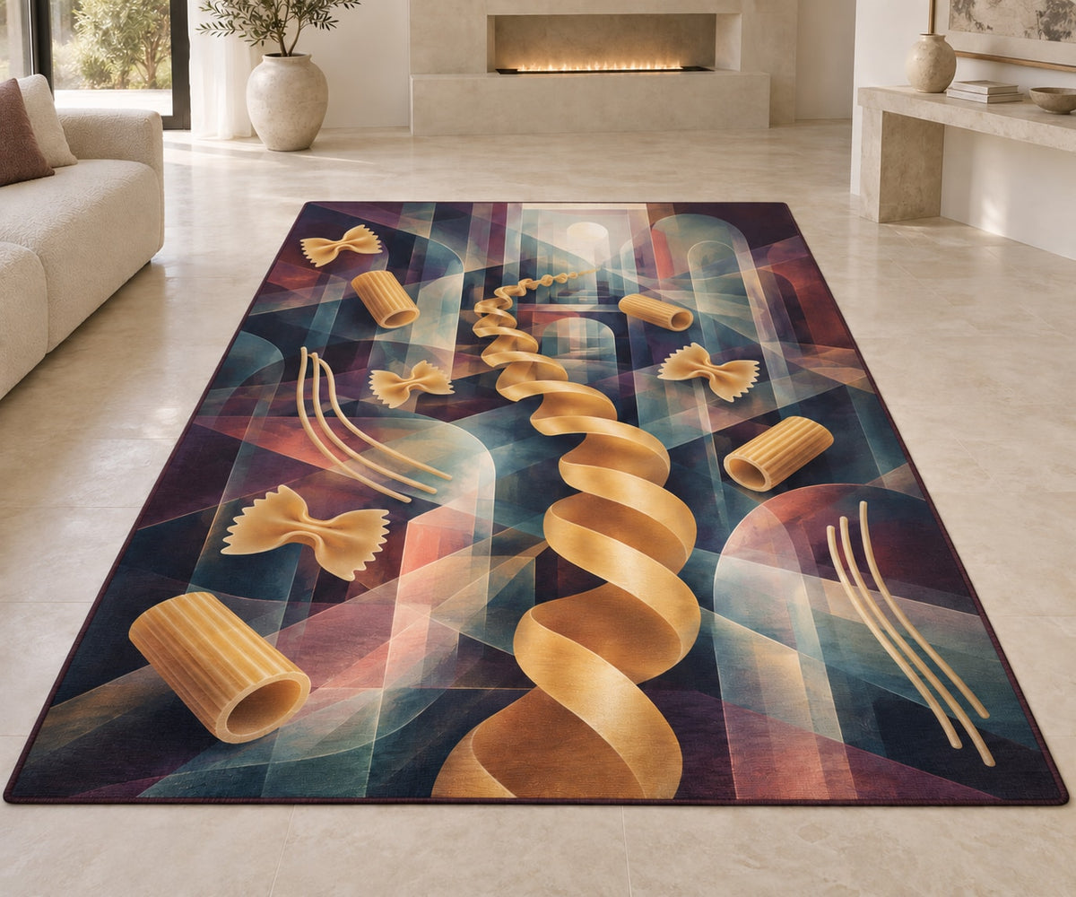 Pasta Form Parallax Area Rug with dimensional printed themed artwork; representative AI-generated mockup.