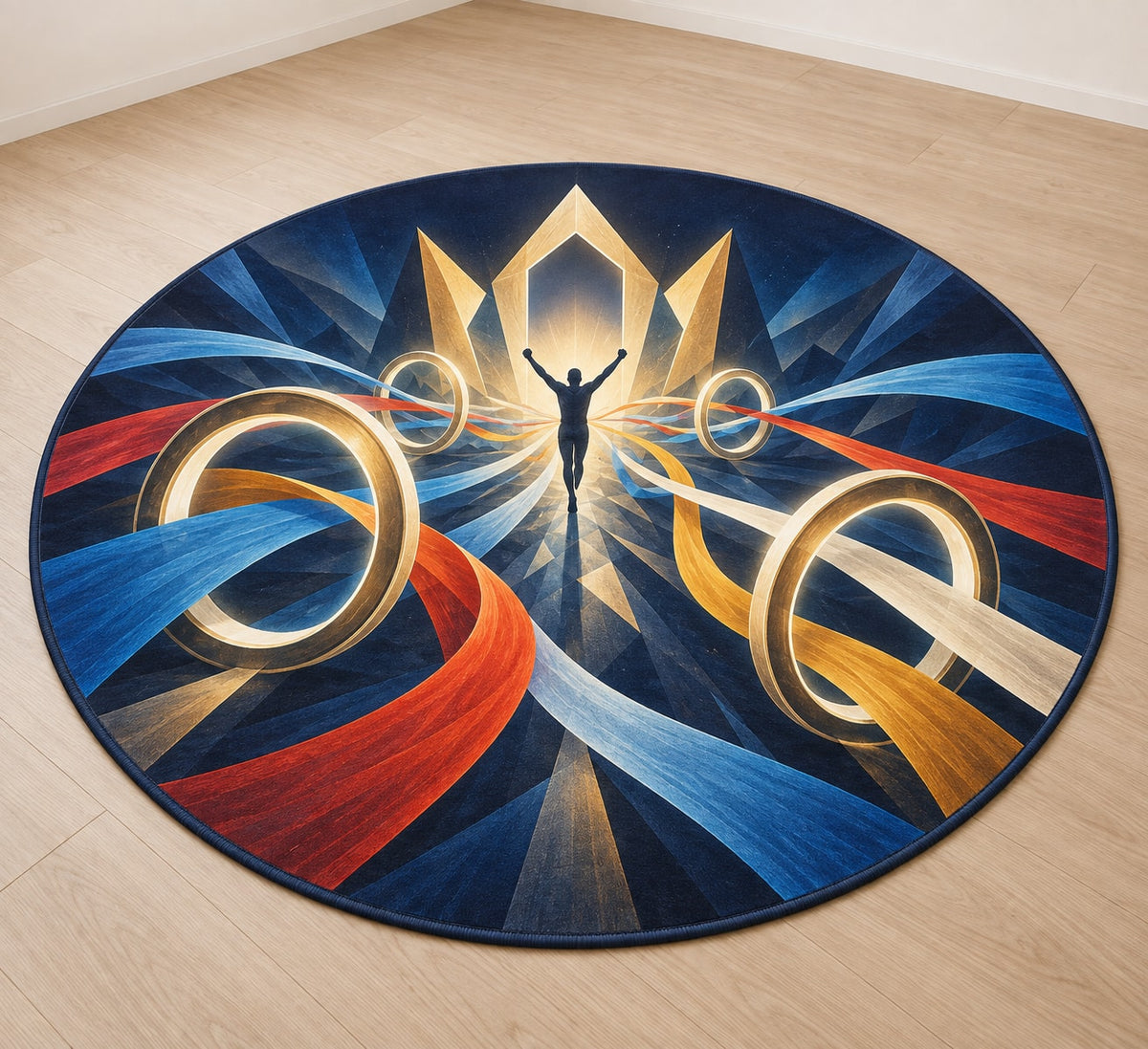 Cadence Crown Convergence Area Rug with dimensional printed themed artwork; representative AI-generated mockup.