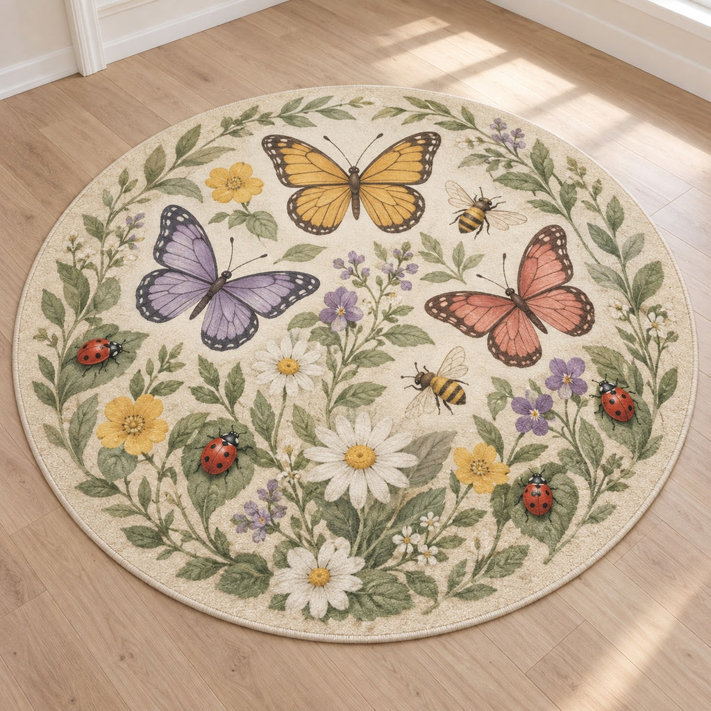 Garden Insect Counting Area Rug with dimensional printed themed artwork; representative AI-generated mockup.