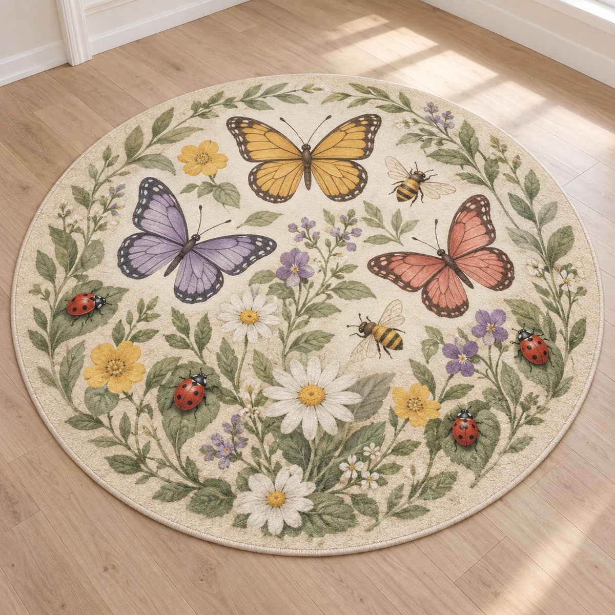 Garden Insect Counting Area Rug with dimensional printed themed artwork; representative AI-generated mockup.