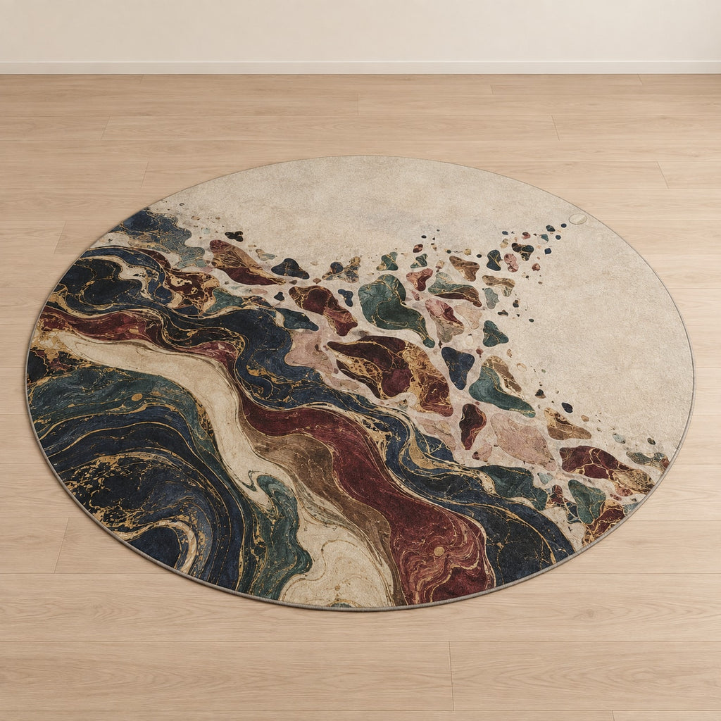 Folio Marbling Rift Area Rug with dimensional printed themed artwork; representative AI-generated mockup.