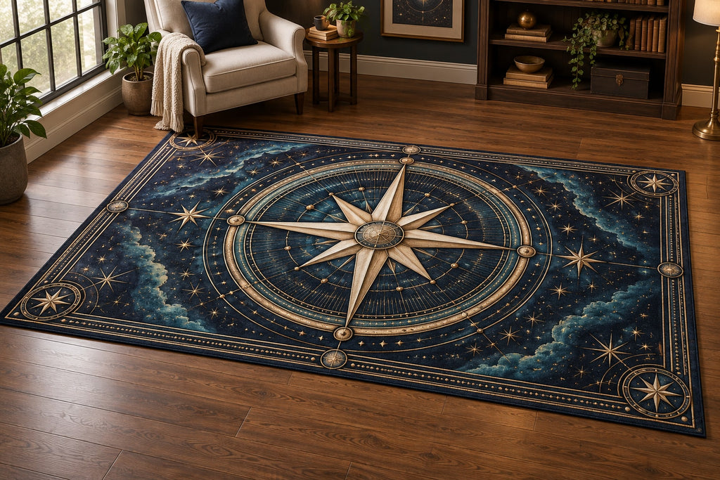 Star Compass Area Rug with dimensional printed themed artwork; representative AI-generated mockup.