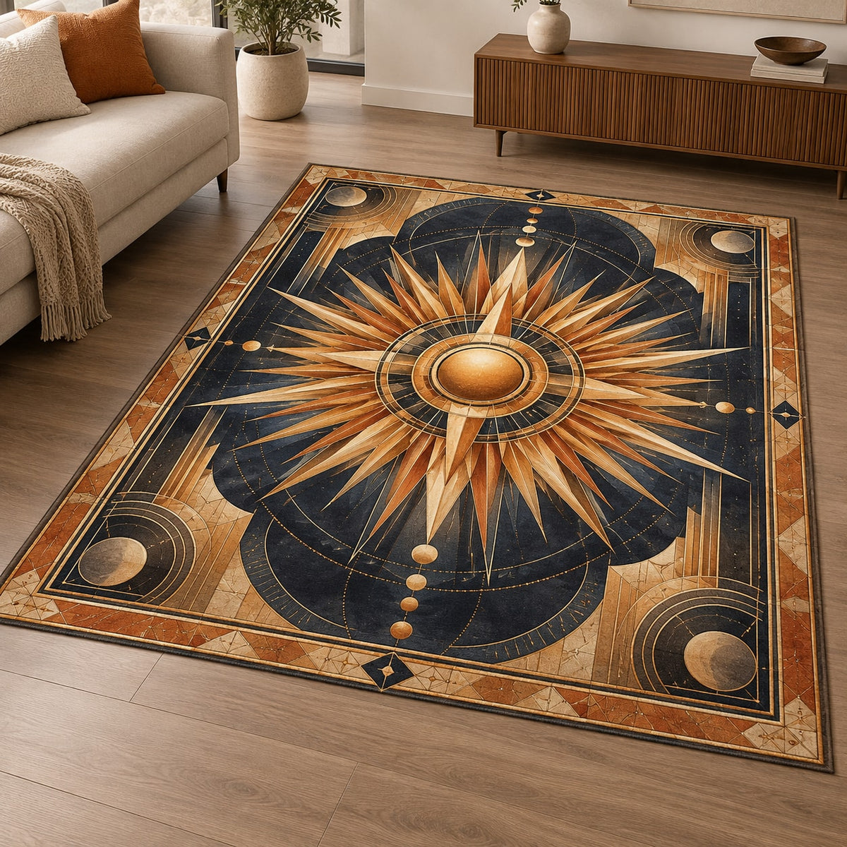 Geometric Sunburst Area Rug with dimensional printed themed artwork; representative AI-generated mockup.