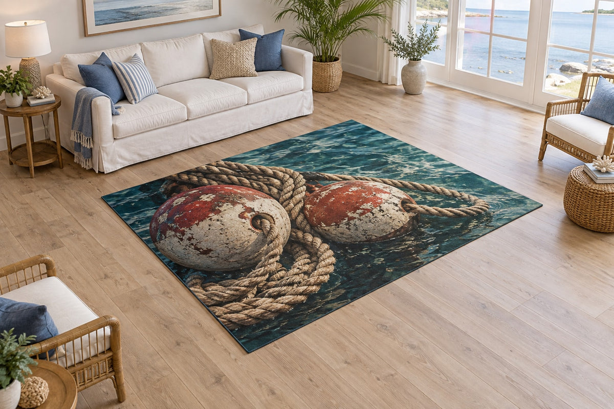 Buoy and Rope Area Rug with dimensional printed themed artwork; representative AI-generated mockup.