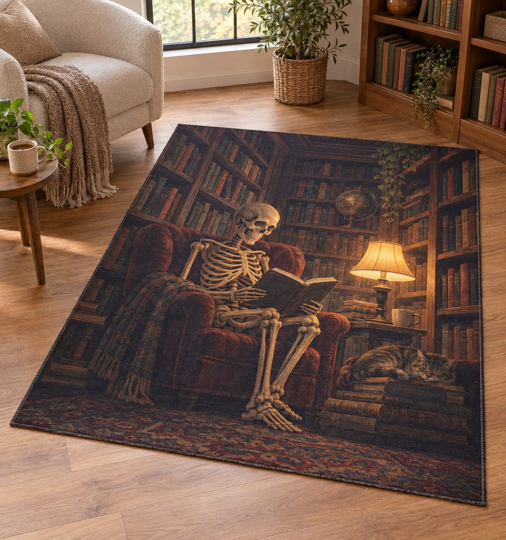 Skeleton Reading Nook Area Rug with dimensional printed themed artwork; representative AI-generated mockup.