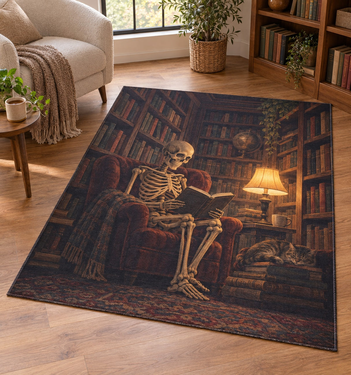 Skeleton Reading Nook Area Rug with dimensional printed themed artwork; representative AI-generated mockup.