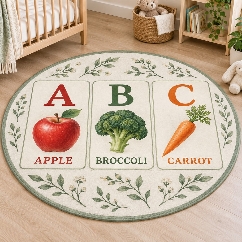 Fruit and Vegetable Alphabet Area Rug with dimensional printed themed artwork; representative AI-generated mockup.