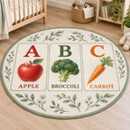 Fruit and Vegetable Alphabet Area Rug with dimensional printed themed artwork; representative AI-generated mockup.