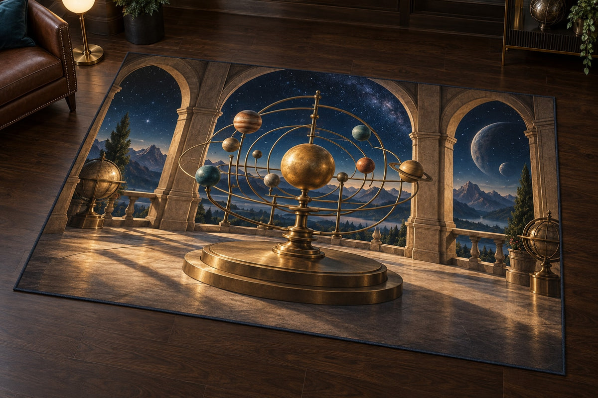 Vintage Solar System Area Rug with dimensional printed themed artwork; representative AI-generated mockup.