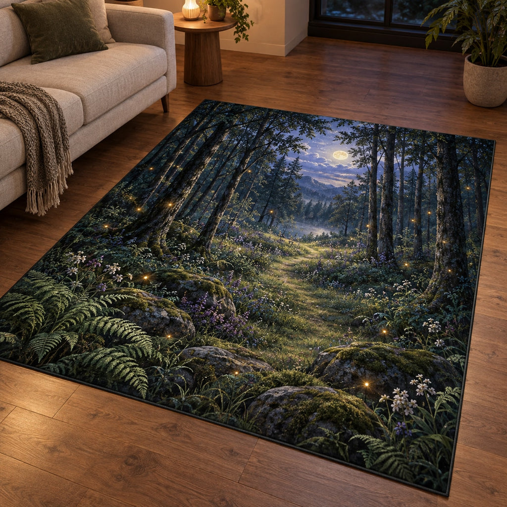 Firefly Clearing Area Rug with dimensional printed themed artwork; representative AI-generated mockup.