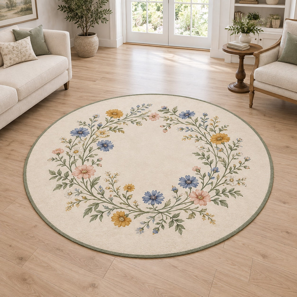 Wildflower Wedding Garden Area Rug with dimensional printed themed artwork; representative AI-generated mockup.