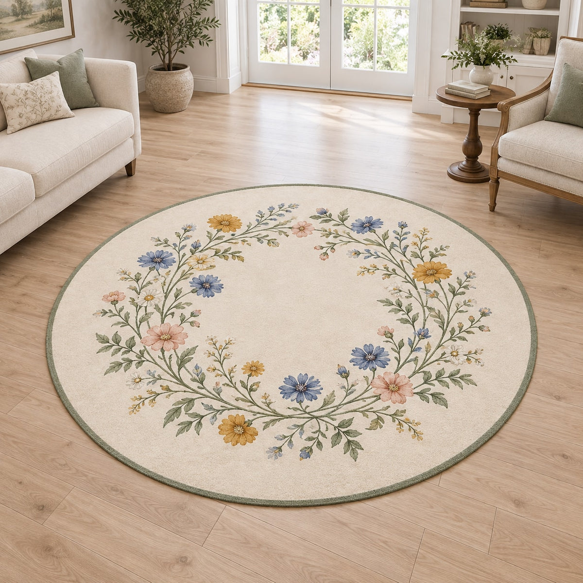 Wildflower Wedding Garden Area Rug with dimensional printed themed artwork; representative AI-generated mockup.