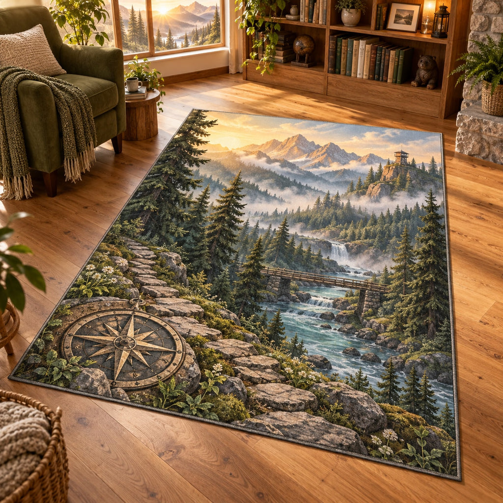 Forest Adventure Map Area Rug with dimensional printed themed artwork; representative AI-generated mockup.