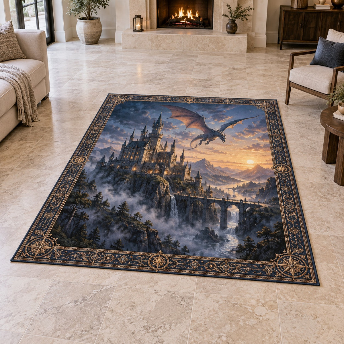 Dragon Castle Area Rug with dimensional printed themed artwork; representative AI-generated mockup.