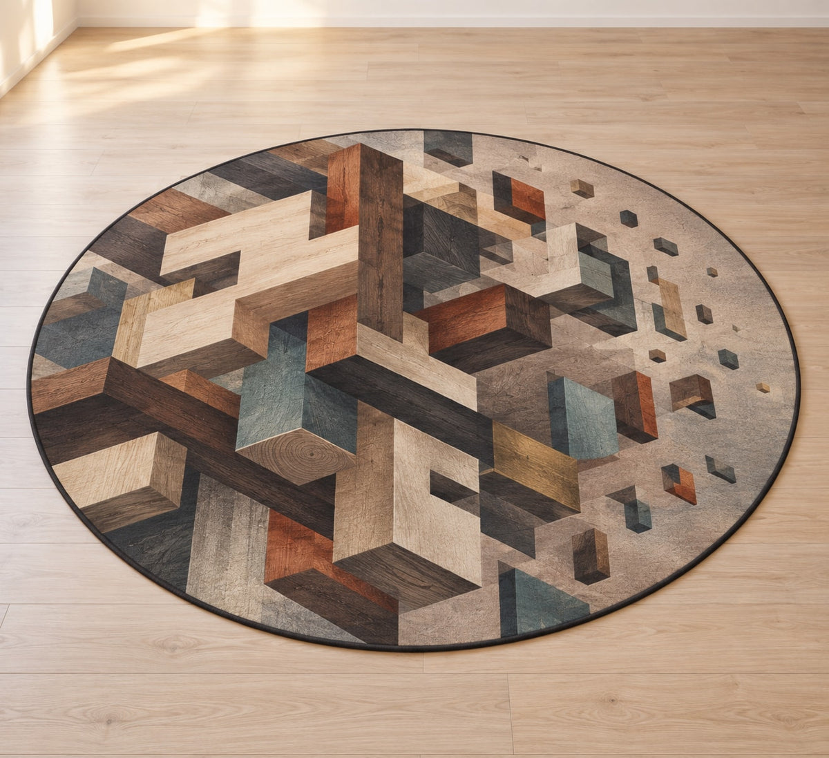 Joinery Strata Cascade Area Rug with dimensional printed themed artwork; representative AI-generated mockup.
