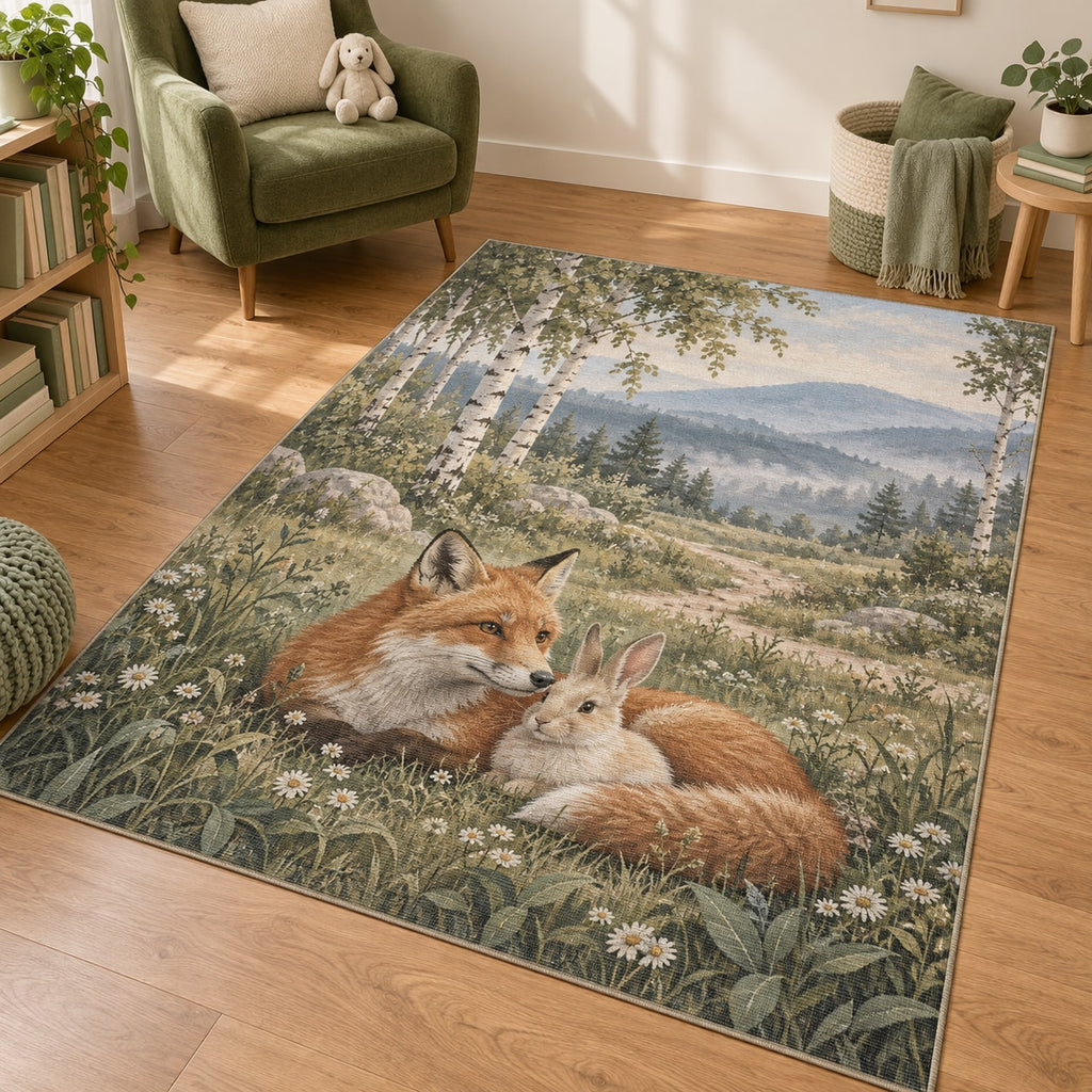 Sage Fox and Bunny Area Rug with dimensional printed themed artwork; representative AI-generated mockup.