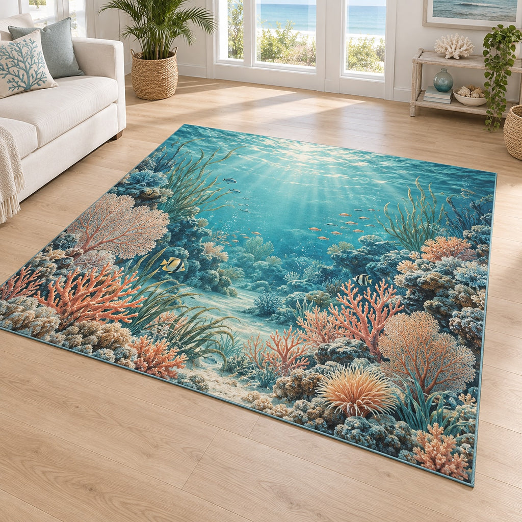 Coral Reef Area Rug with dimensional printed themed artwork; representative AI-generated mockup.