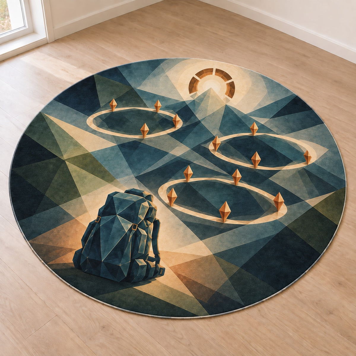 Wayglass Expedition Passage Area Rug with dimensional printed themed artwork; representative AI-generated mockup.