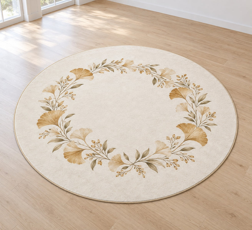 Golden Anniversary Ginkgo Halo Area Rug with dimensional printed themed artwork; representative AI-generated mockup.