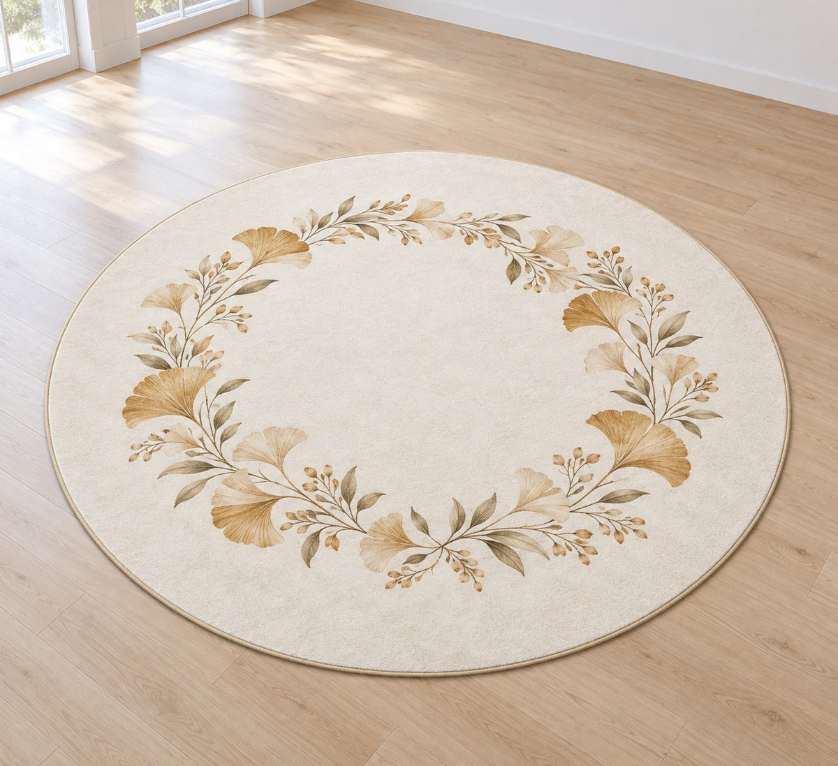 Golden Anniversary Ginkgo Halo Area Rug with dimensional printed themed artwork; representative AI-generated mockup.