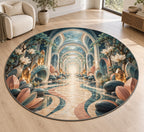 Voice Bloom Resonance Atrium Area Rug with dimensional printed themed artwork; representative AI-generated mockup.