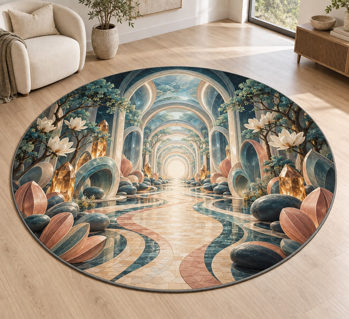 Voice Bloom Resonance Atrium Area Rug with dimensional printed themed artwork; representative AI-generated mockup.