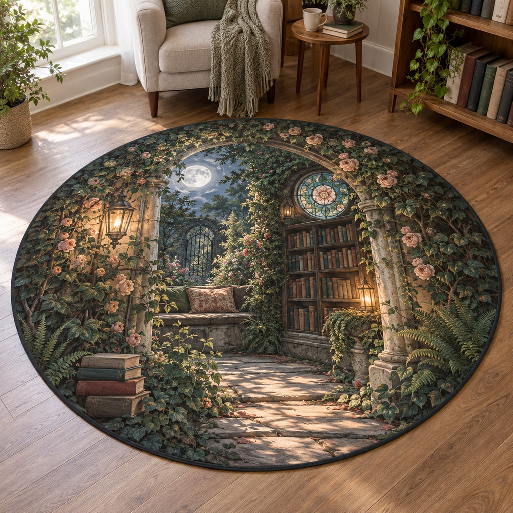Secret Garden Library Area Rug with dimensional printed themed artwork; representative AI-generated mockup.