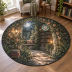 Secret Garden Library Area Rug with dimensional printed themed artwork; representative AI-generated mockup.