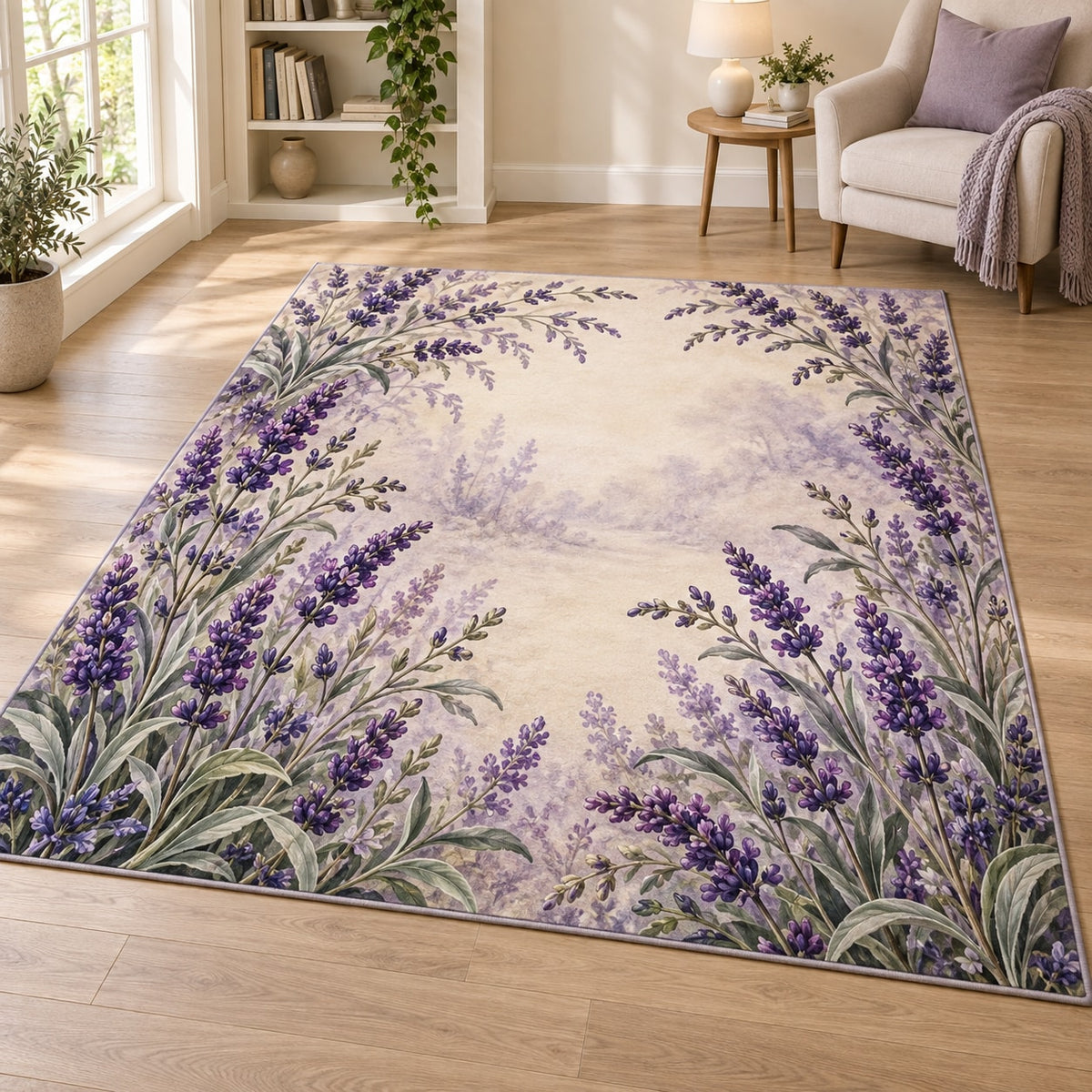 Lavender Sprigs Area Rug with dimensional printed themed artwork; representative AI-generated mockup.