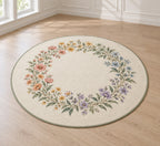 Rainbow Garden Celebration Wreath Area Rug with dimensional printed themed artwork; representative AI-generated mockup.