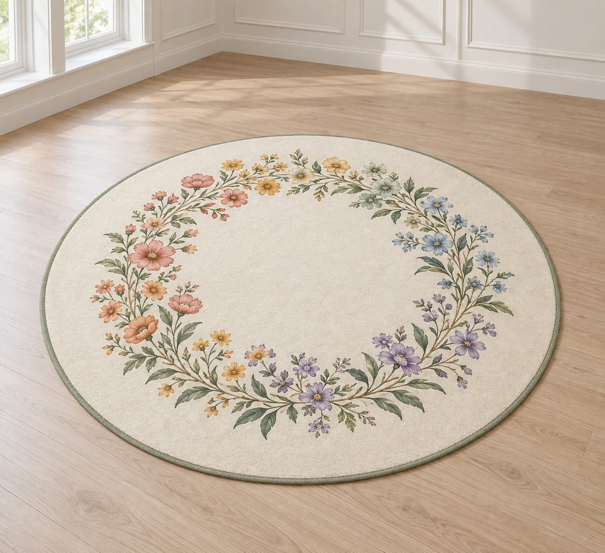 Rainbow Garden Celebration Wreath Area Rug with dimensional printed themed artwork; representative AI-generated mockup.