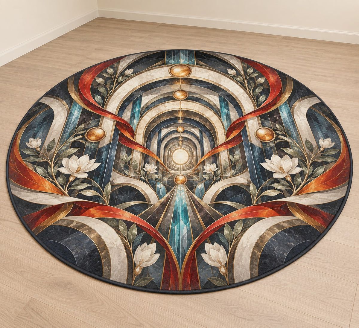 Emberline Rescue Atrium Area Rug with dimensional printed themed artwork; representative AI-generated mockup.