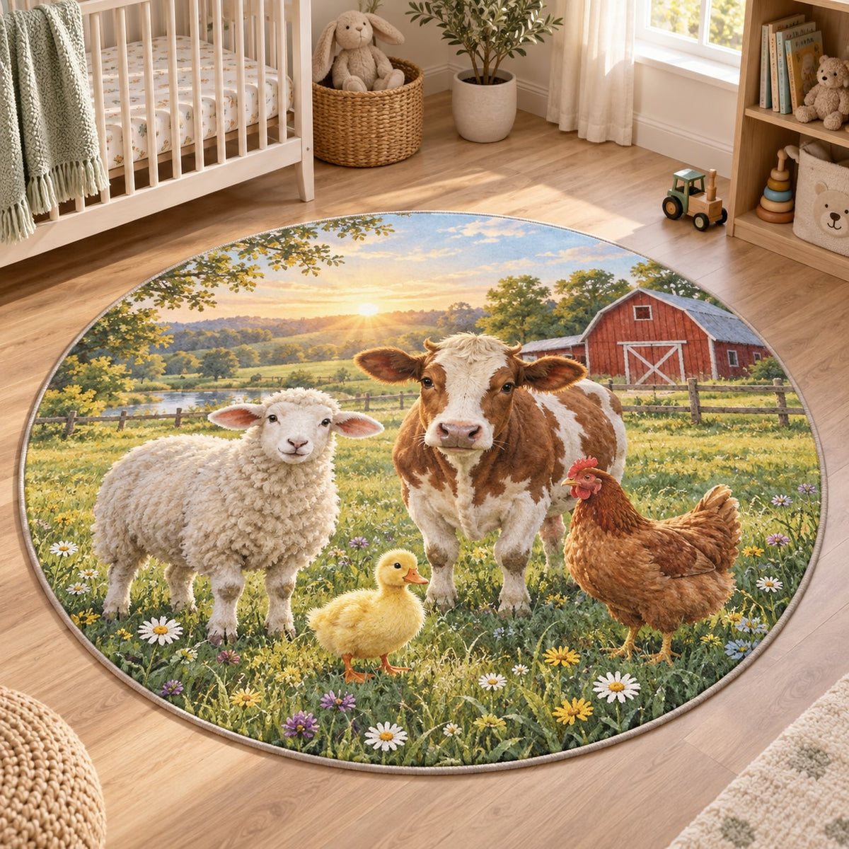 Farm Animal Morning Area Rug with dimensional printed themed artwork; representative AI-generated mockup.